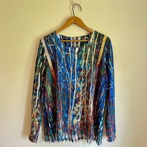 FDJ Colourful Abstract Women's Long Sleeve Top Fringe Hem